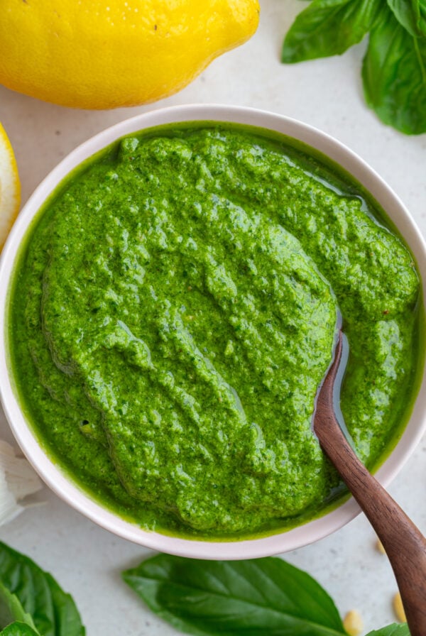 up close shot of traditional homemade pesto