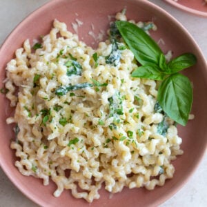 A bowl of creamy ricotta pasta topped with fresh herbs and parmesan cheese