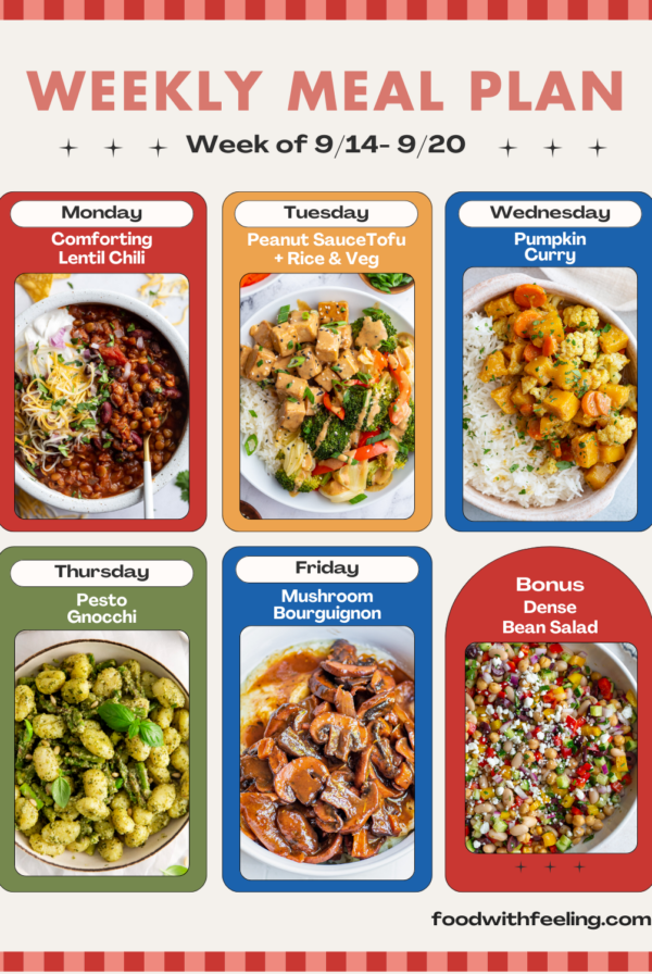 weekly meal plan templates showing 6 different vegetarian recipes to cook