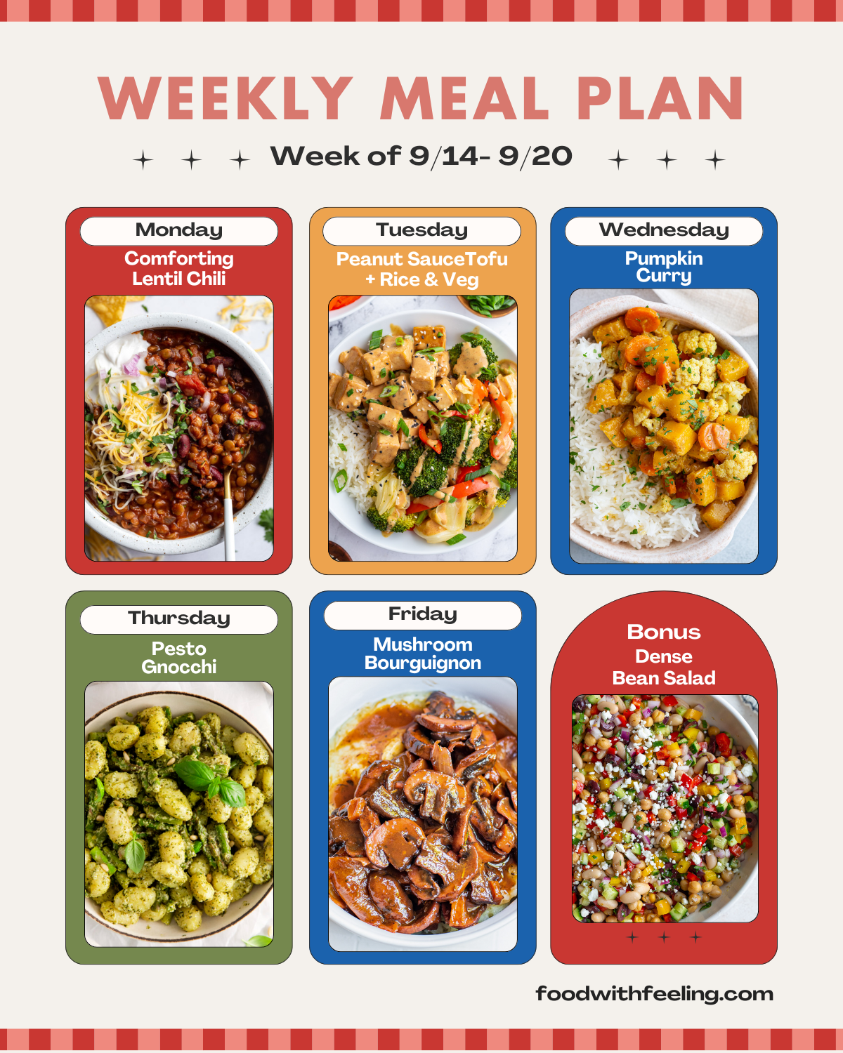 weekly meal plan templates showing 6 different vegetarian recipes to cook