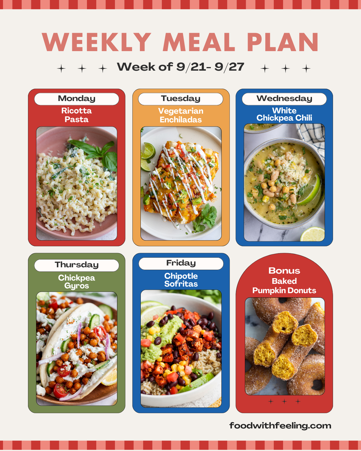 weekly meal plan templates showing 6 different vegetarian recipes to cook