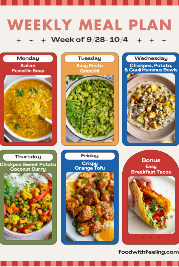 weekly meal plan templates showing 6 different vegetarian recipes to cook