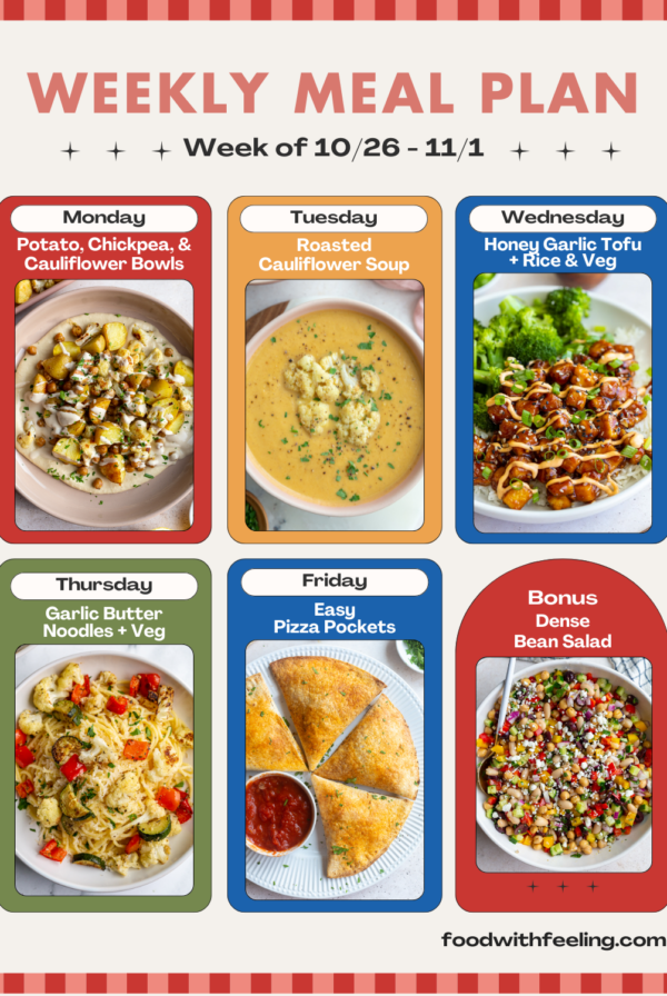 weekly meal plan templates showing 6 different vegetarian recipes to cook