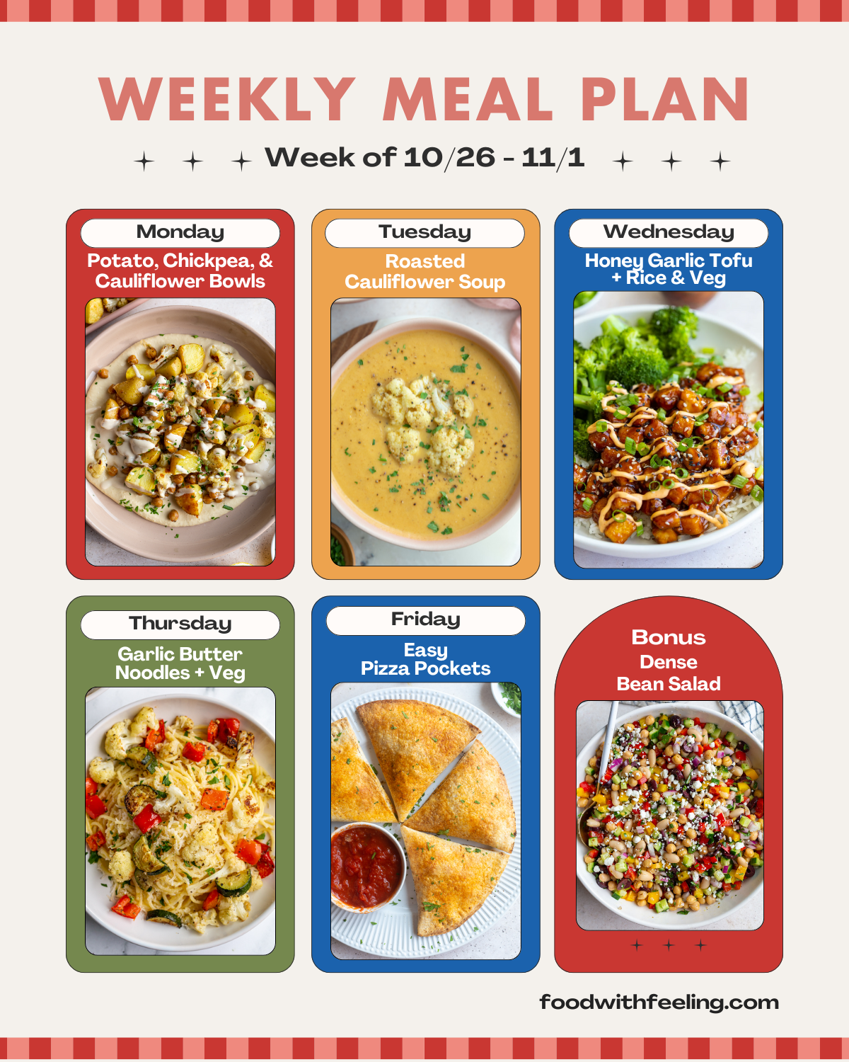 weekly meal plan templates showing 6 different vegetarian recipes to cook