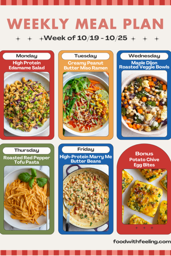 weekly meal plan templates showing 6 different vegetarian recipes to cook