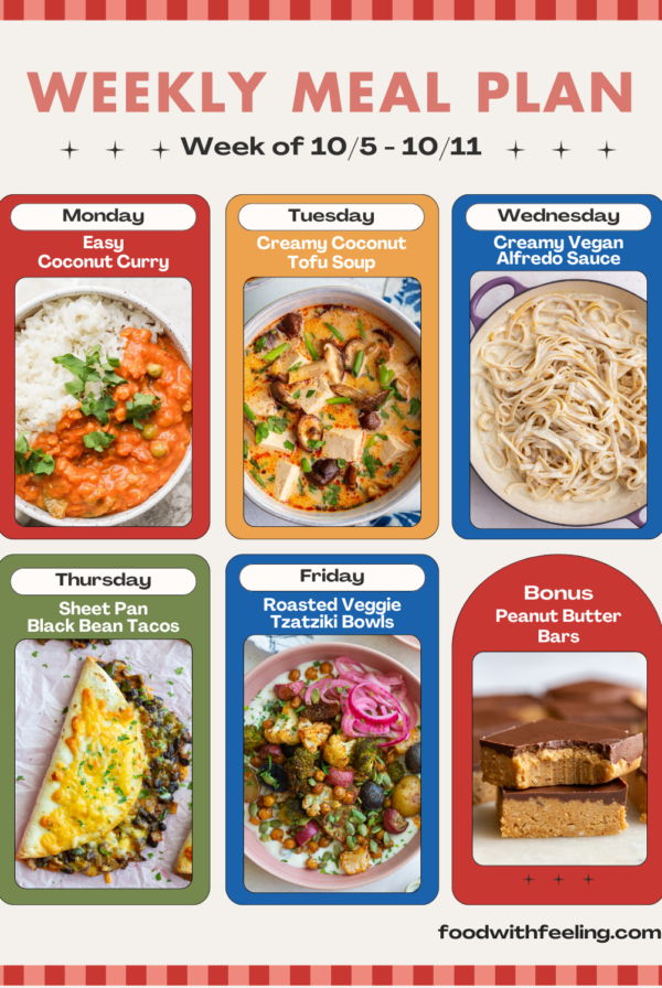 weekly meal plan templates showing 6 different vegetarian recipes to cook