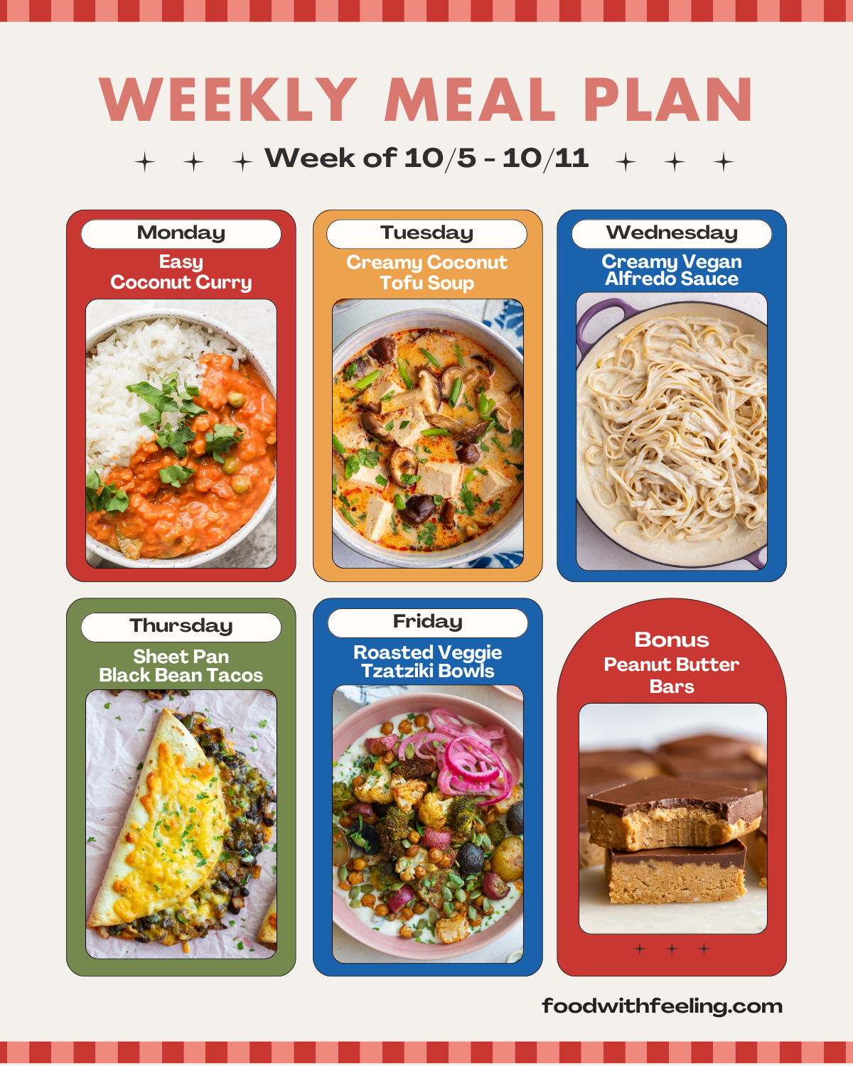 weekly meal plan templates showing 6 different vegetarian recipes to cook