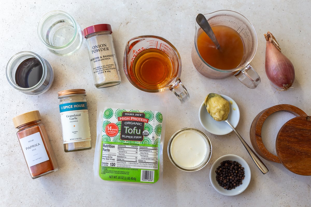 ingredients laid out for creamy peppercorn tofu
