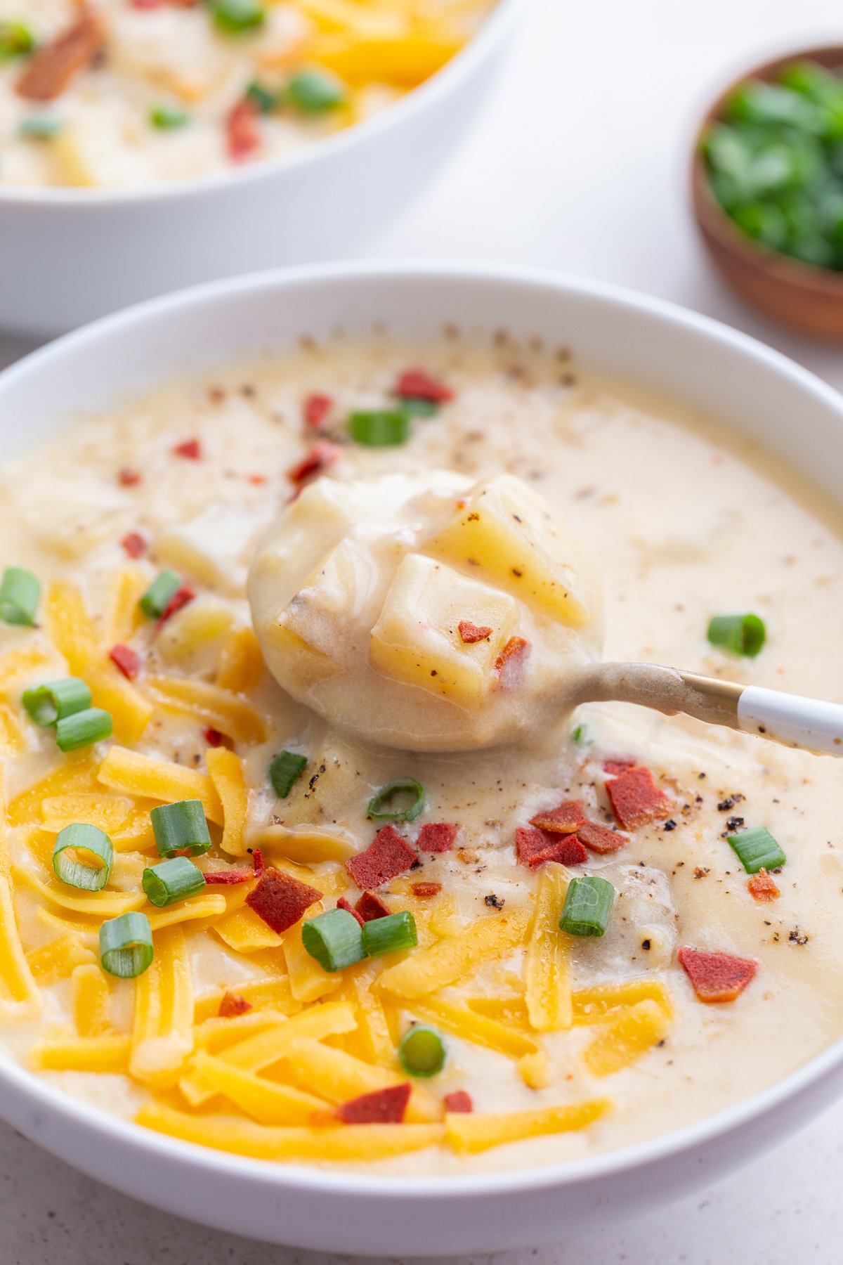 slow cooker potato soup in a bowl