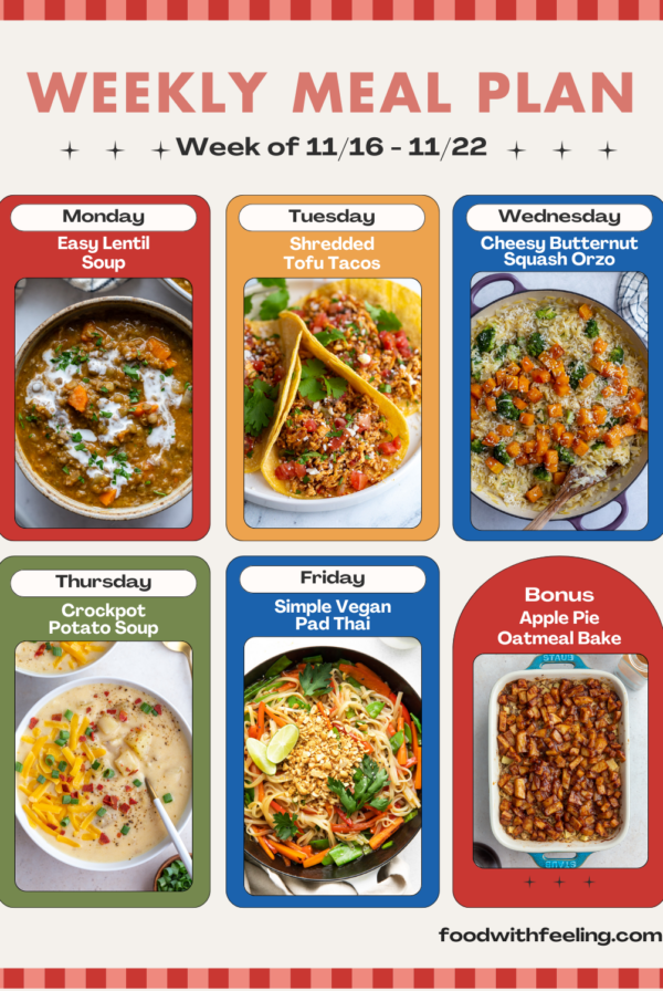 weekly meal plan templates showing 6 different vegetarian recipes to cook