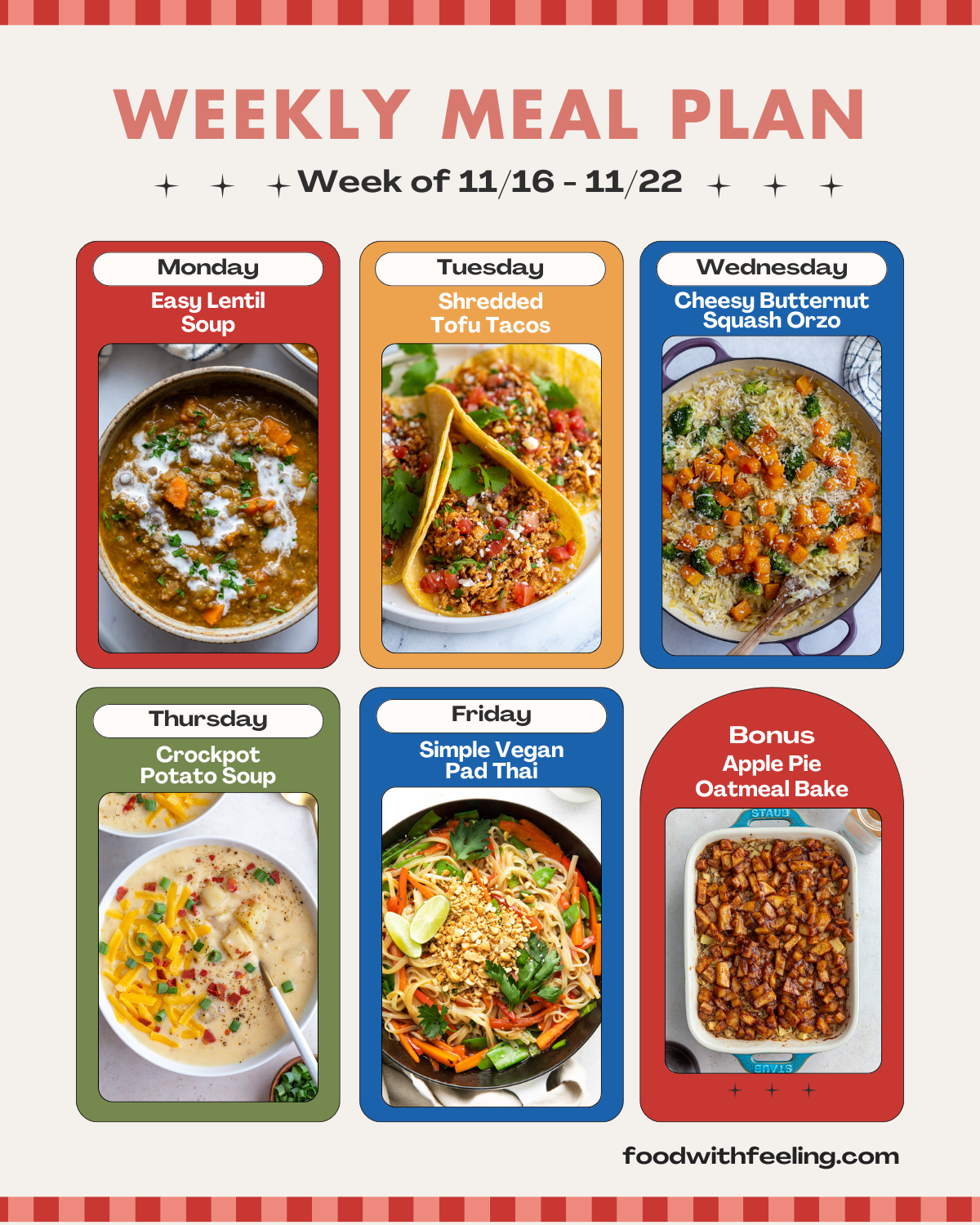 weekly meal plan templates showing 6 different vegetarian recipes to cook