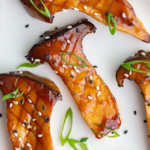 sticky teriyaki oyster mushrooms cut in half and cooked