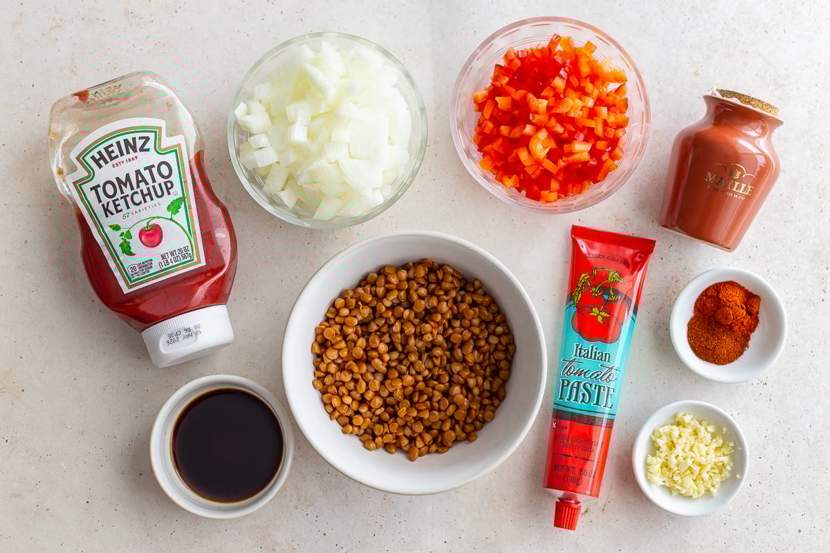 ingredients needed to make vegetarian lentil sloppy joes including lentils, ketchup, tomato paste, onion, and bell pepper