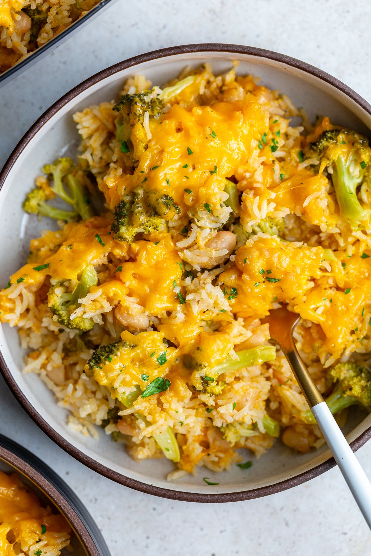 Cheesy broccoli and rice casserole in a bowl