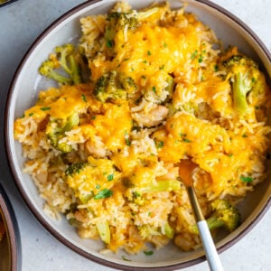 Cheesy broccoli and rice casserole in a bowl