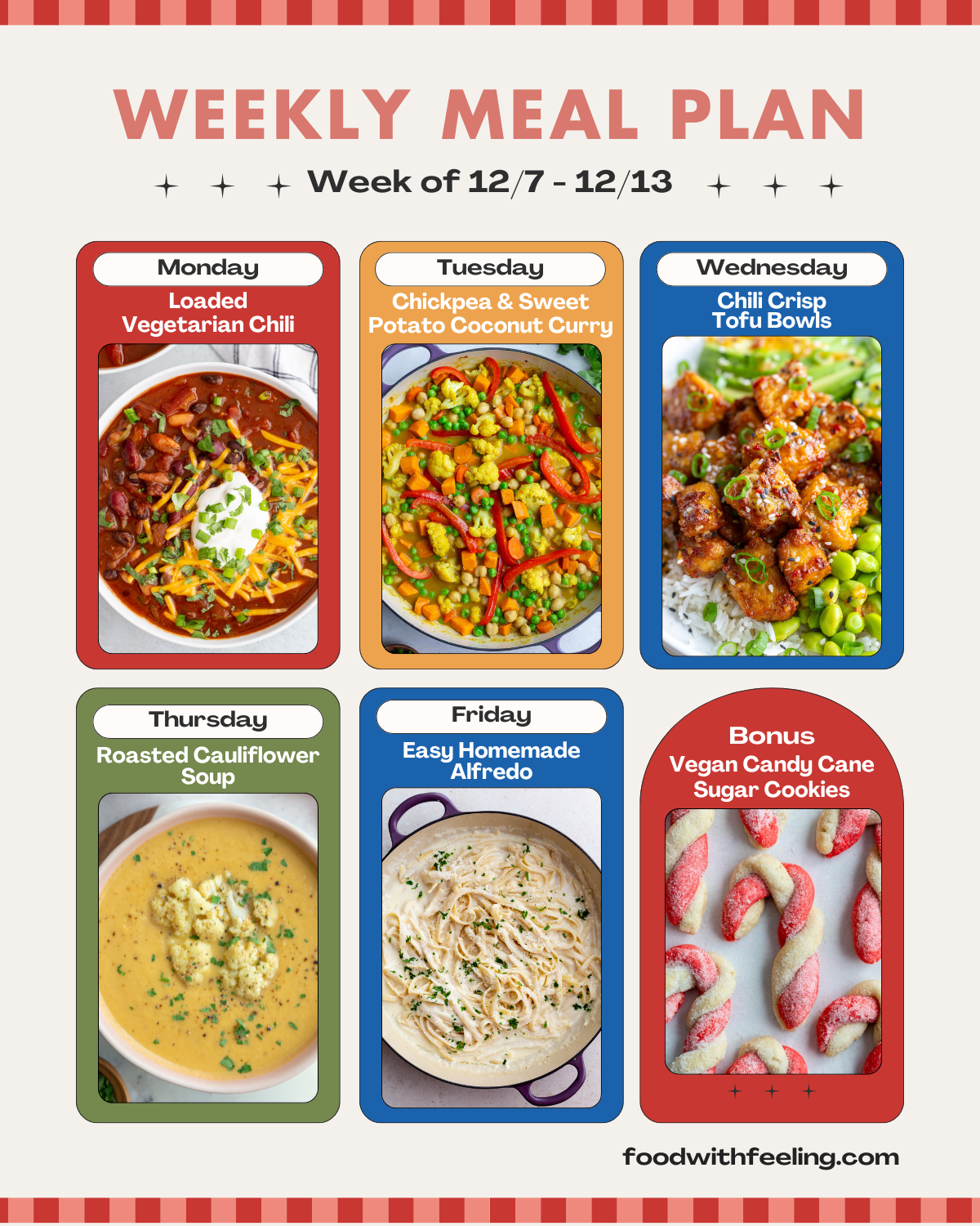 weekly plan plan graphic with 6 different recipes for the week