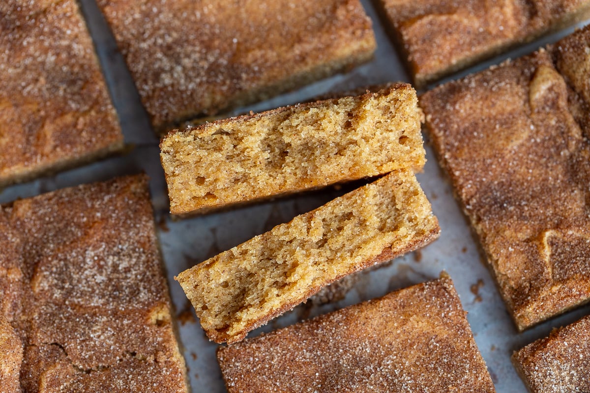 snickerdoodle blondies stacked on top of each other