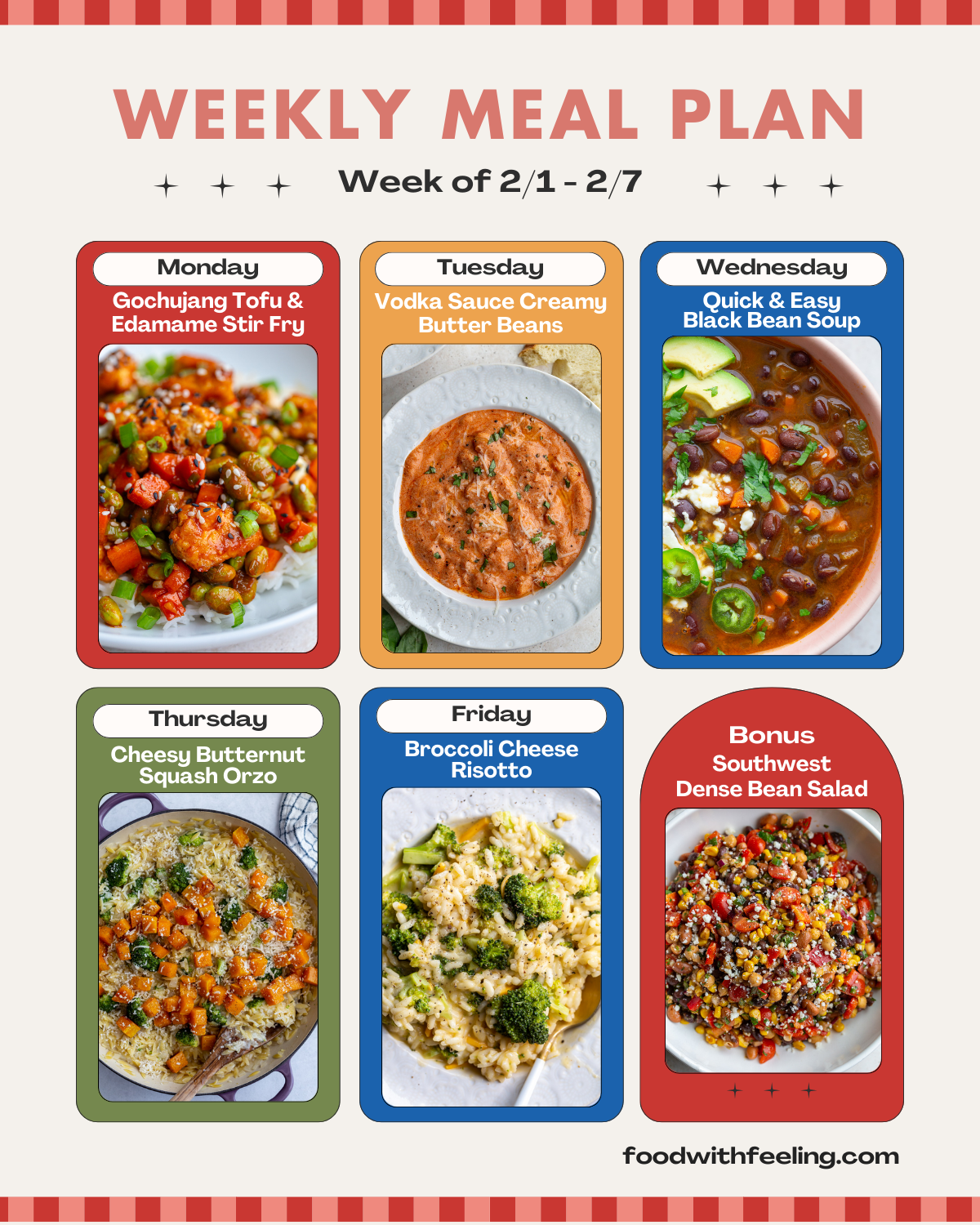weekly meal plan templates showing 6 different vegetarian recipes to cook