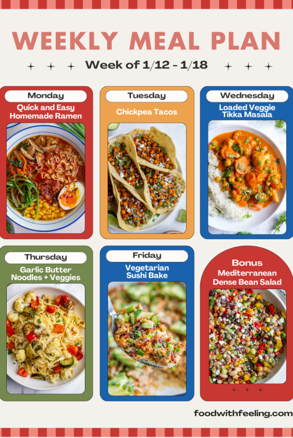 weekly meal plan templates showing 6 different vegetarian recipes to cook