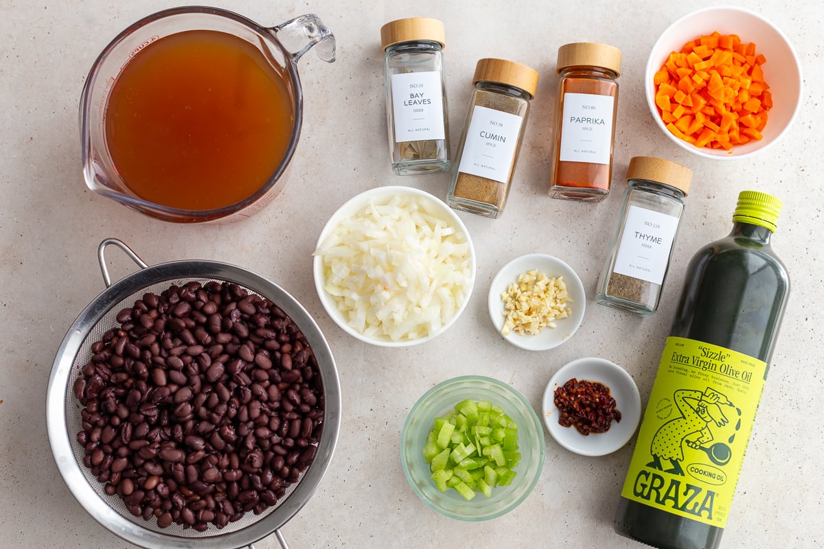 ingredients laid out that are needed to make black bean soup