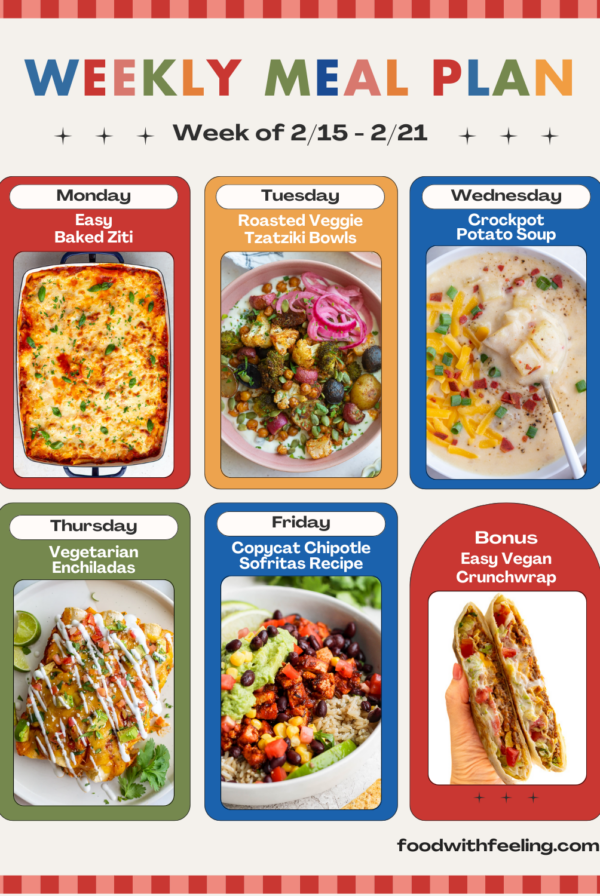weekly meal plan templates showing 6 different vegetarian recipes to cook