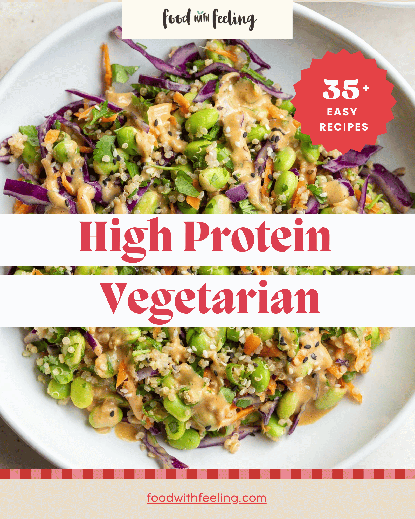E-book cover image efor the Food with Feeling High Protein vegetarian cookbook with 35+ vegetarian recipes