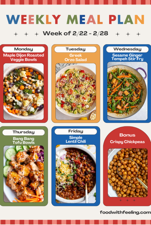 weekly meal plan templates showing 6 different vegetarian recipes to cook