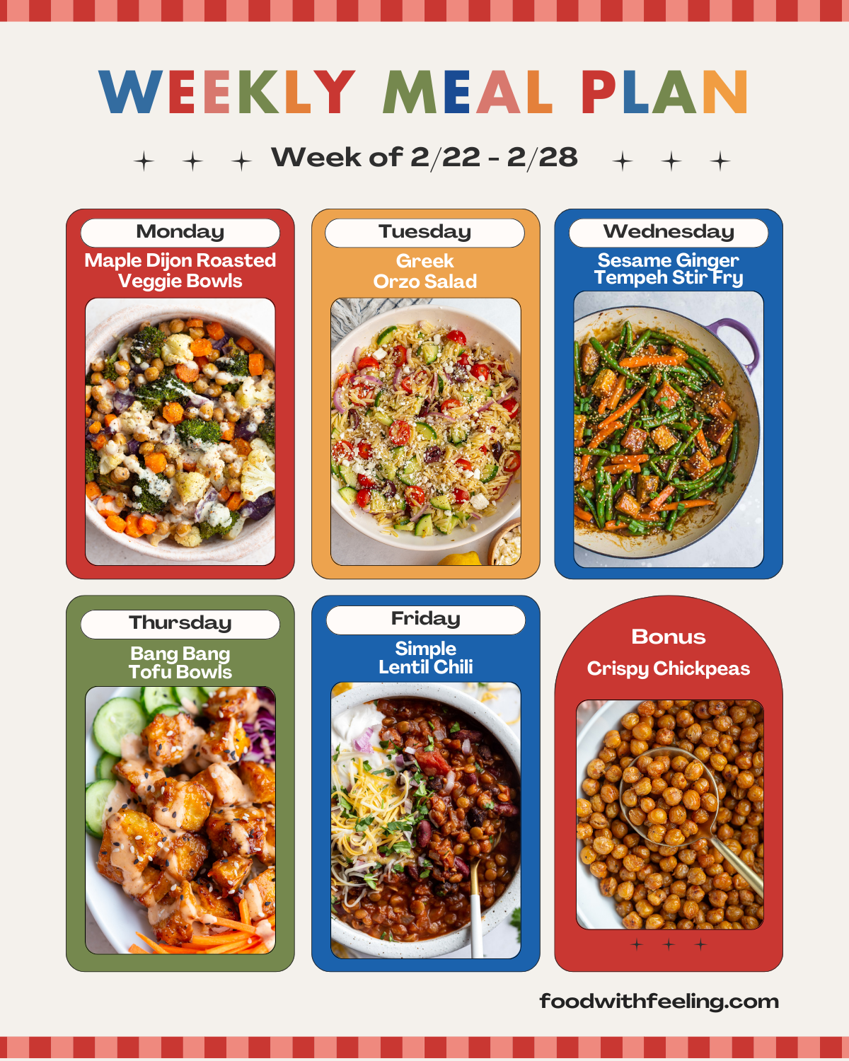weekly meal plan templates showing 6 different vegetarian recipes to cook