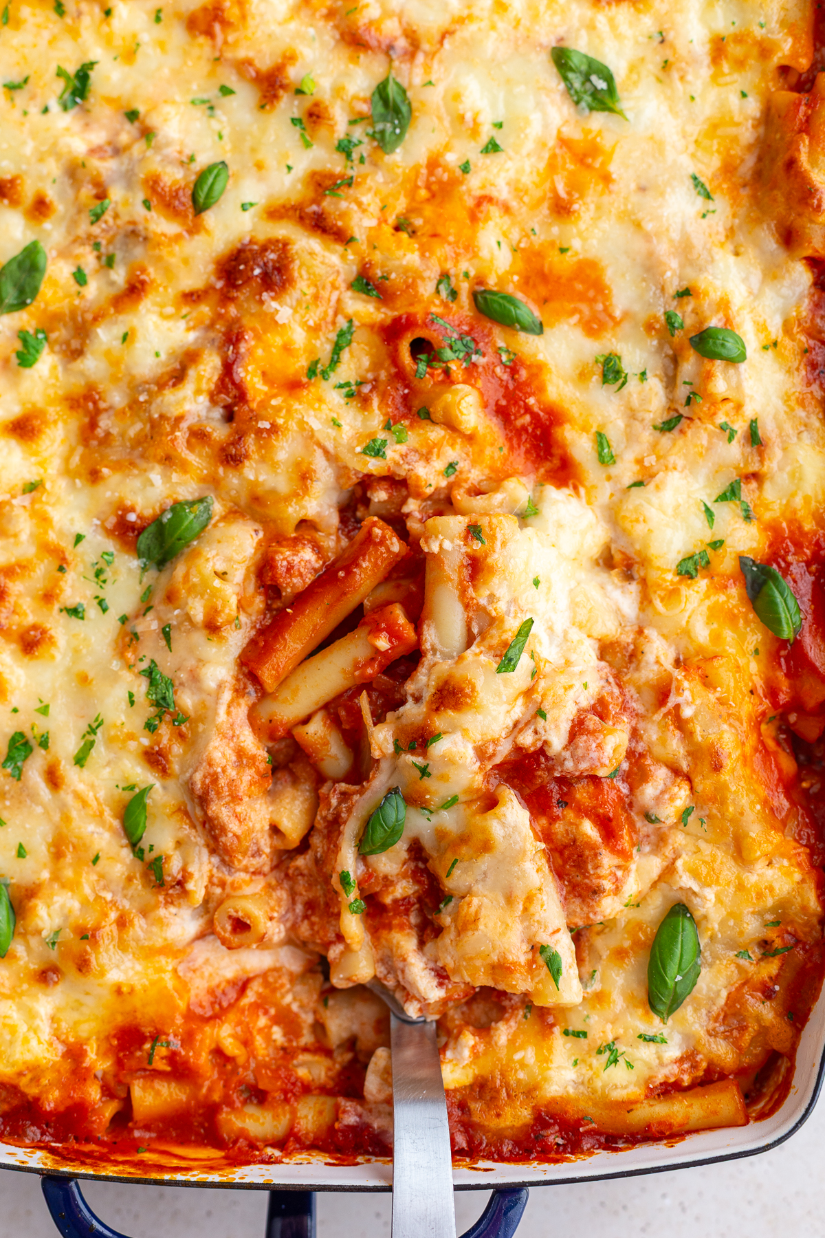 baked ziti in a casserole dish