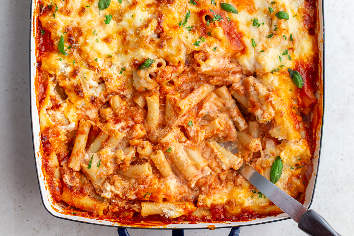 baked ziti in a casserole dish