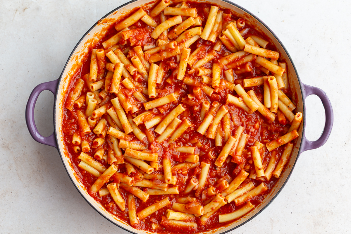 ziti in marinara sauce in a large skillet