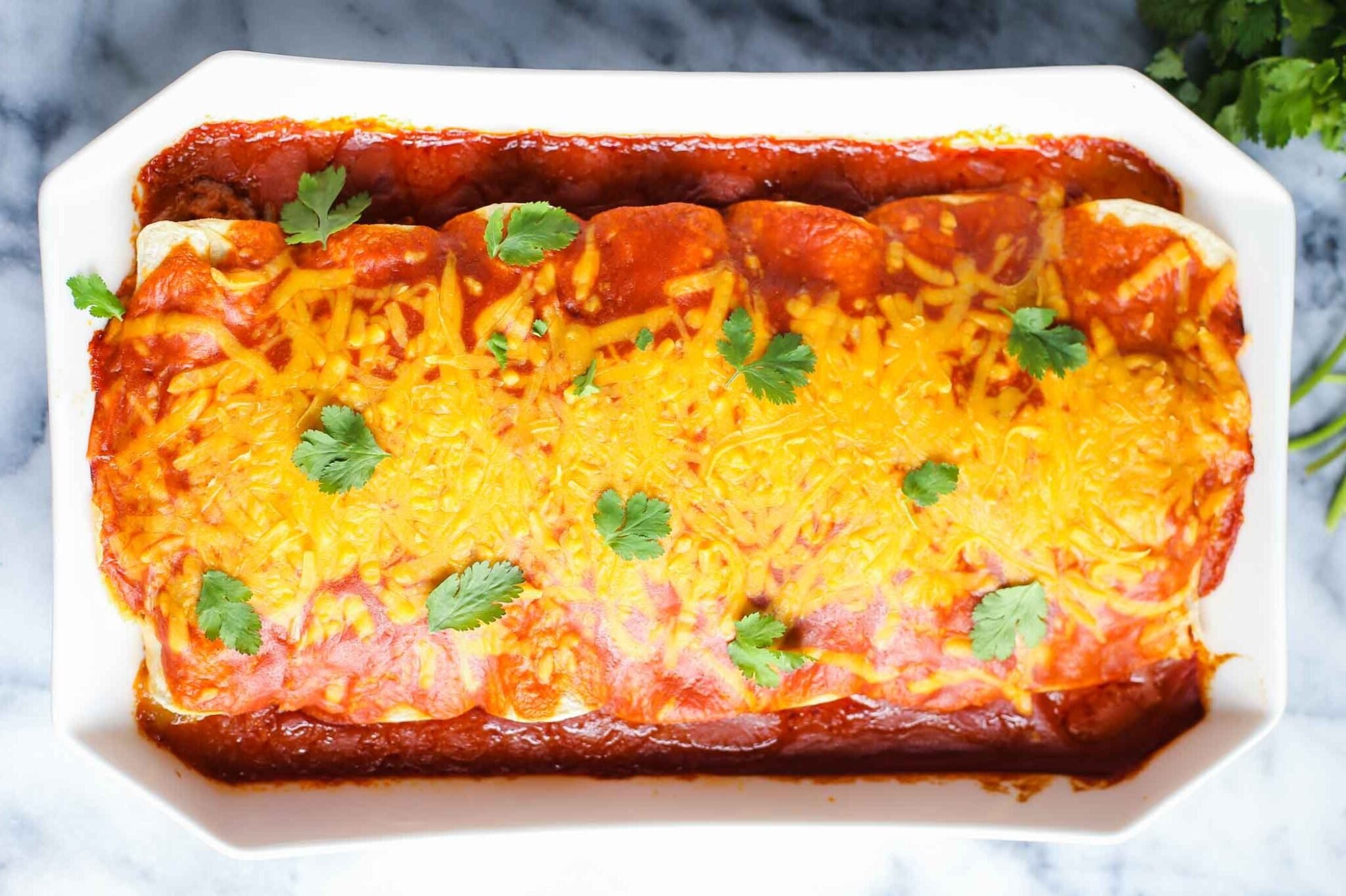 Casserole dish with freshly baked enchiladas and cilantro leaves sprinkled on top