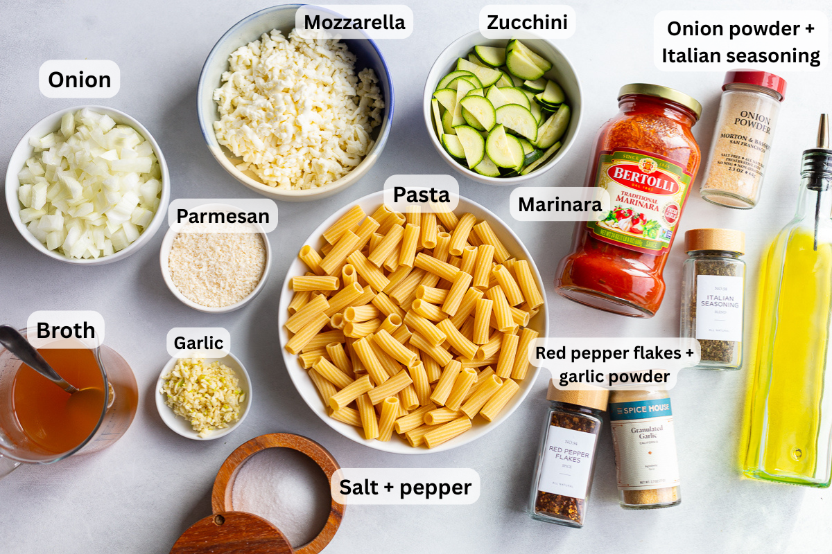 ingredients needed to make baked past with rigatoni: rigatoni pasta, marinara sauce, olive oil, onion, cheese, spices, garlic etc