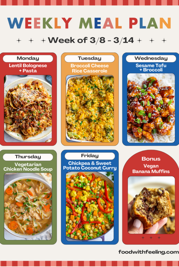 weekly meal plan templates showing 6 different vegetarian recipes to cook
