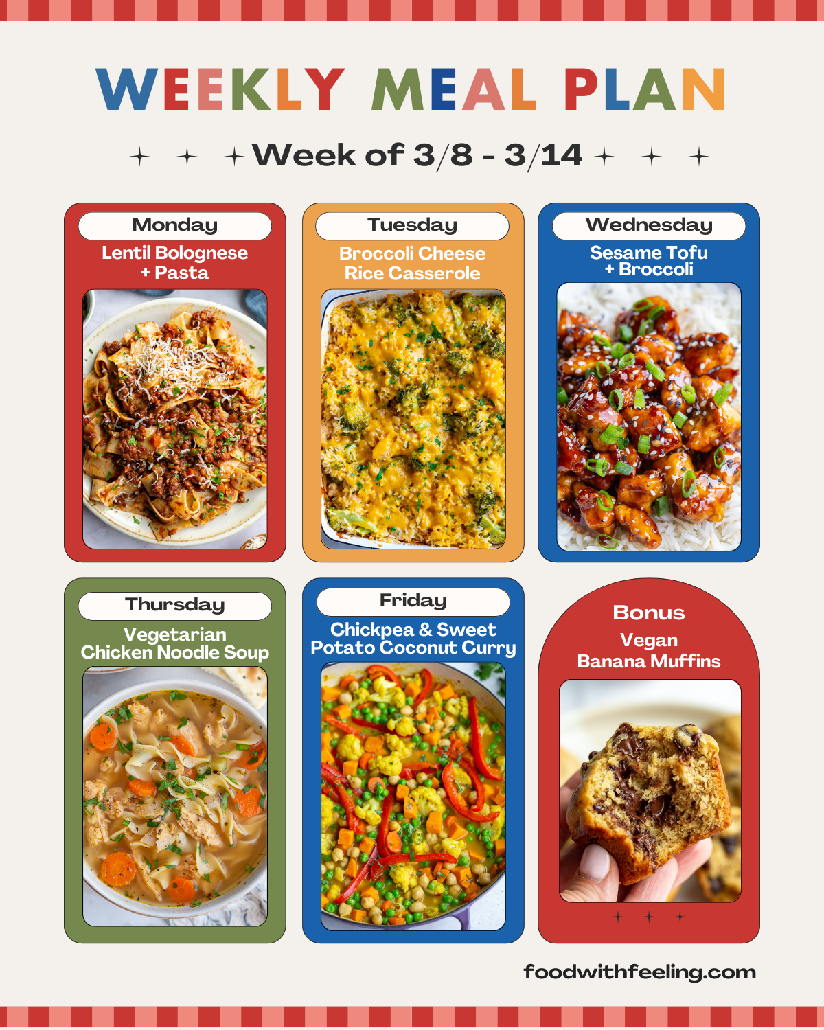 weekly meal plan templates showing 6 different vegetarian recipes to cook