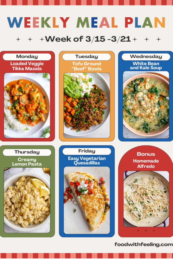 weekly meal plan templates showing 6 different vegetarian recipes to cook