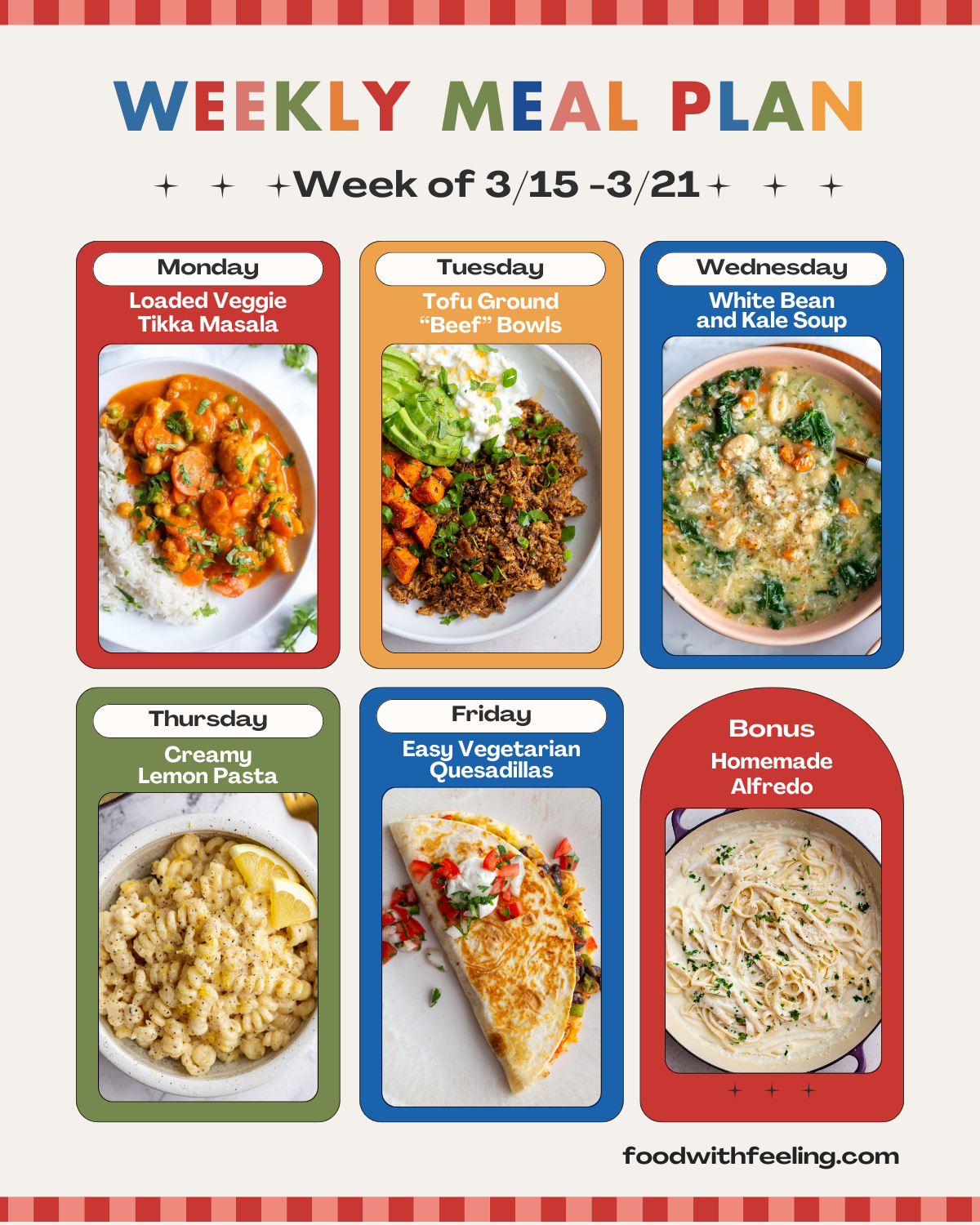 weekly meal plan templates showing 6 different vegetarian recipes to cook
