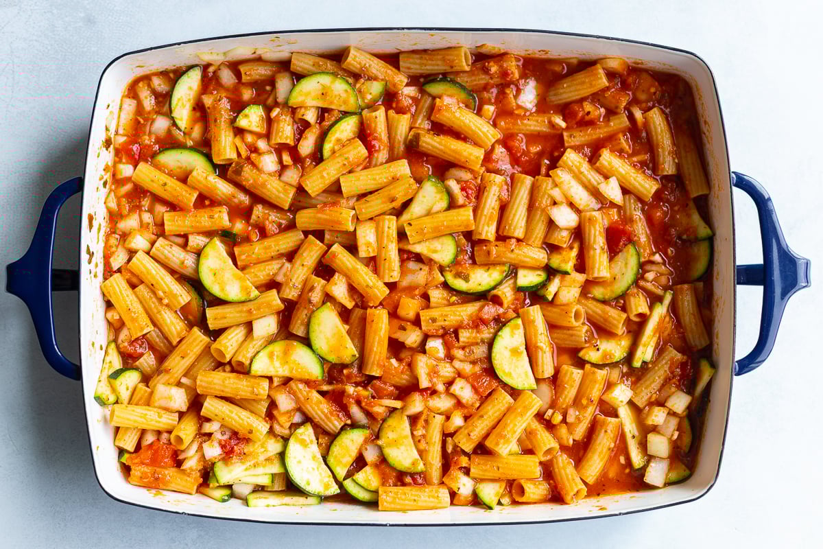 baked rigatoni before the cheesy is added on top