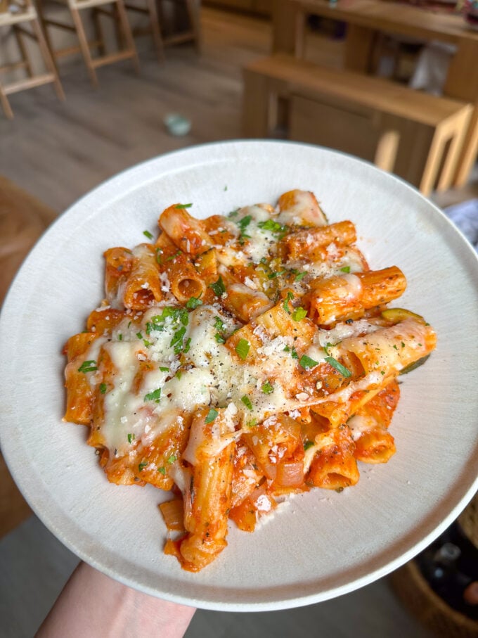 rigatoni pasta bake on a plate