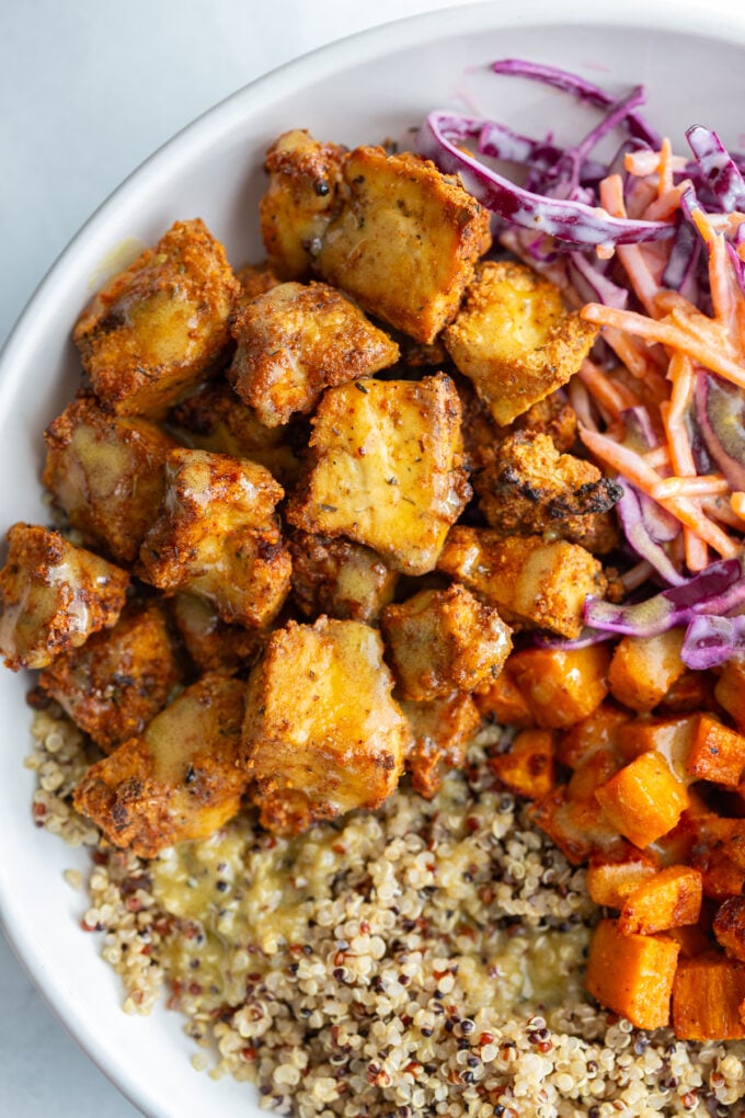 hot honey tofu bowls with quinoa and sweet potato