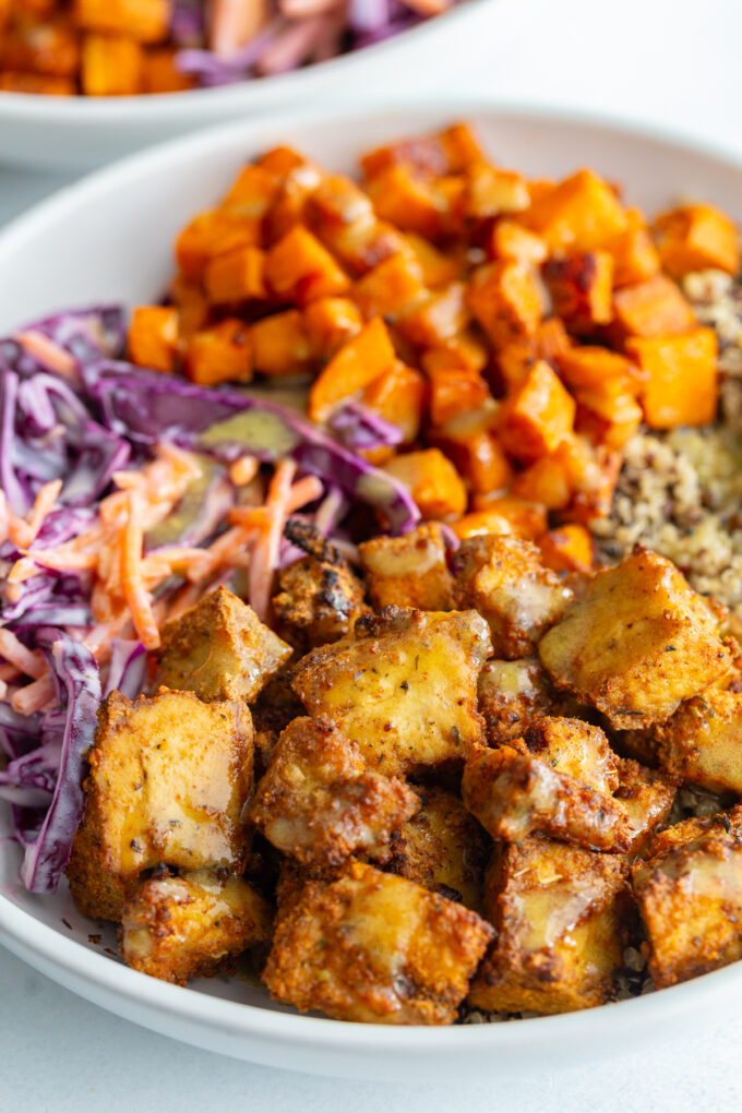 hot honey tofu bowls with sweet potato, quinoa and coleslaw