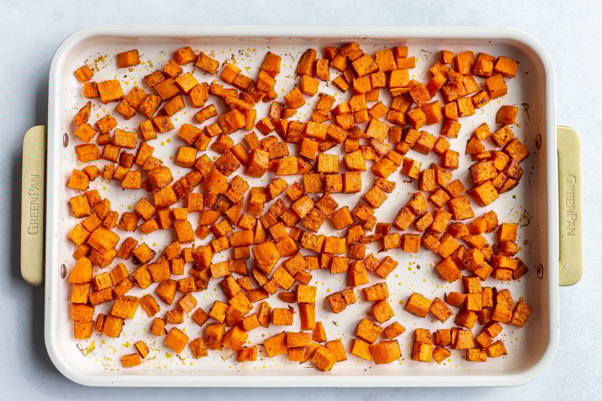 roasted sweet potato chunks on a baking sheet