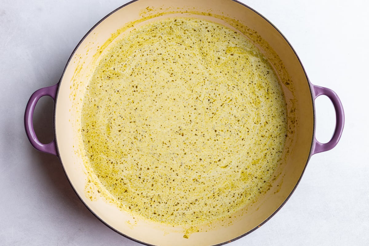 creamy pesto sauce in a large skillet