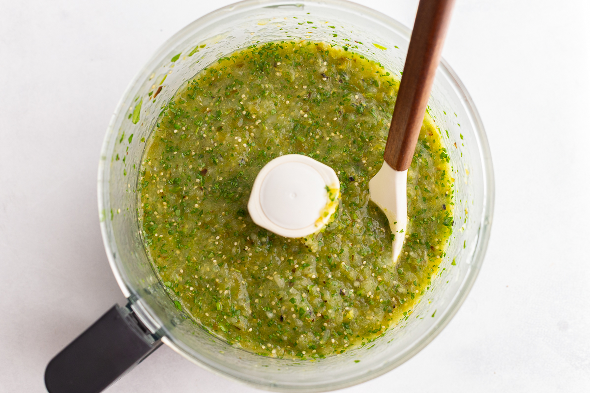tomatillo salsa in a food processor