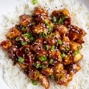 sesame tofu on a bed of white rice and topped with sesame seeds and green onion