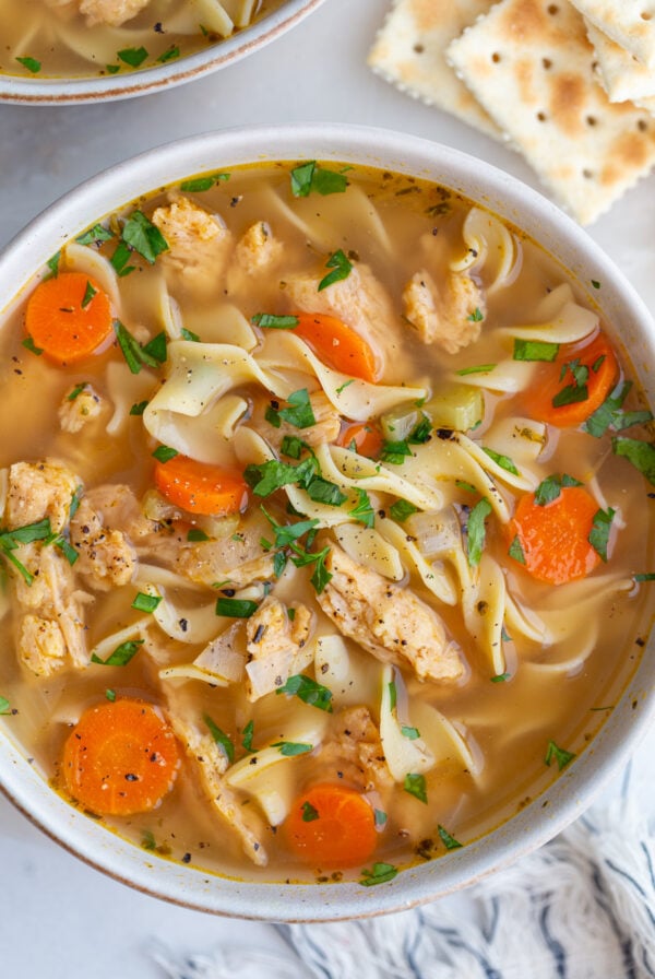 vegetarian chicken noodle soup made with soy curls