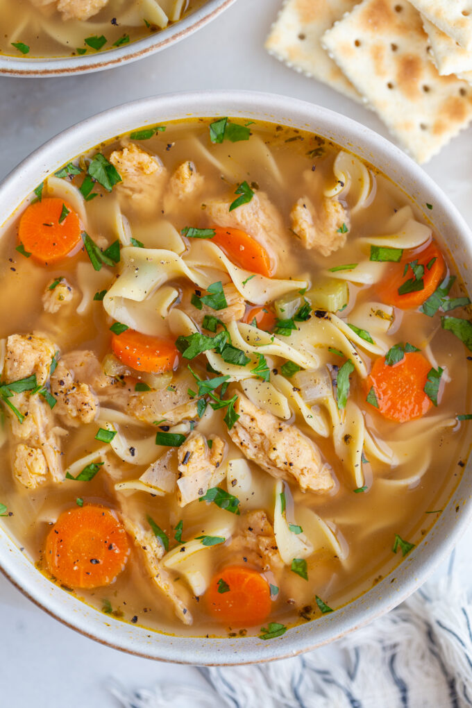 vegetarian chicken noodle soup made with soy curls