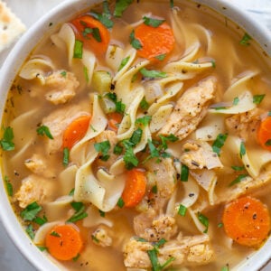 vegetarian chicken noodle soup made with soy curls