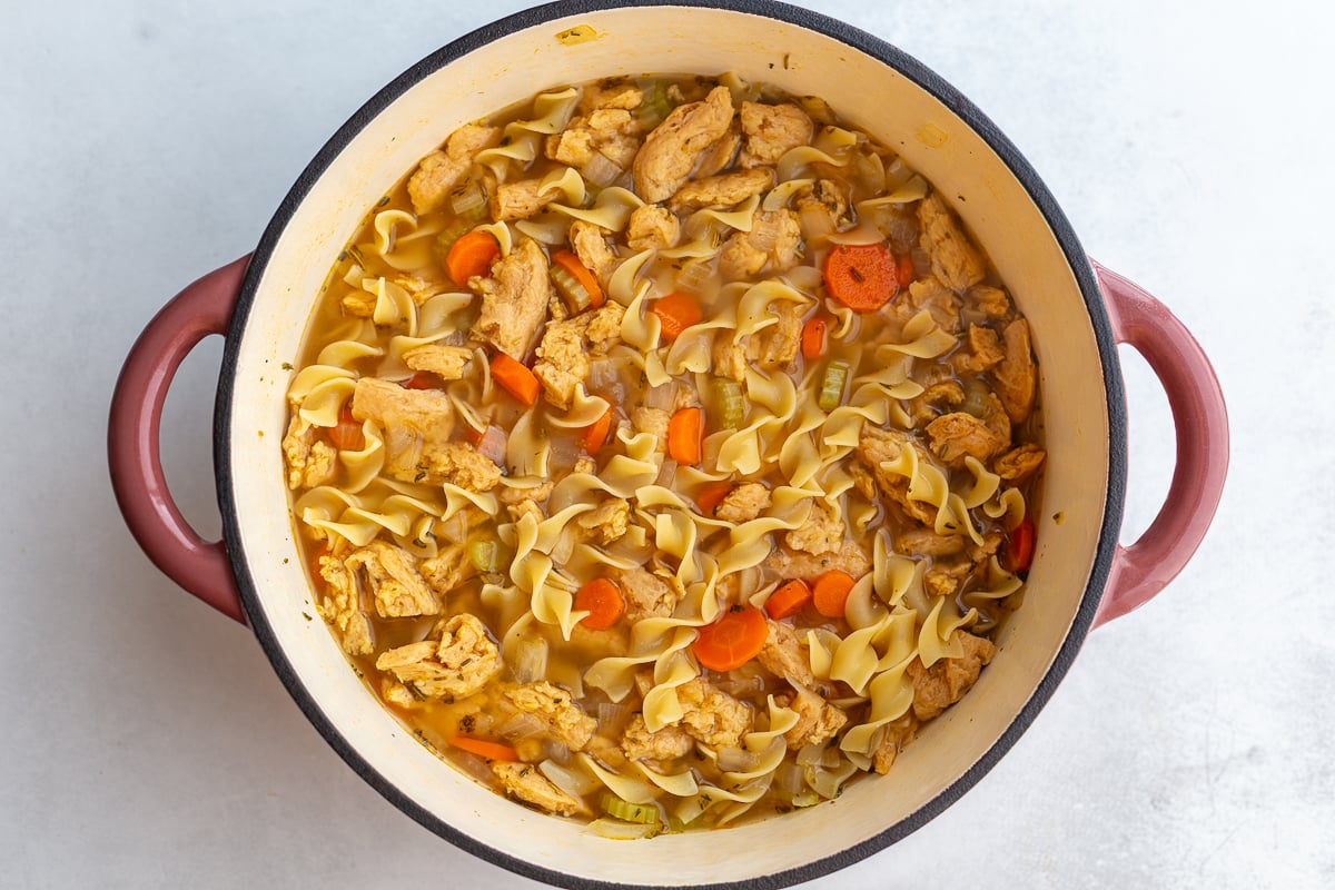 vegetarian chicken noodle soup in a large pot