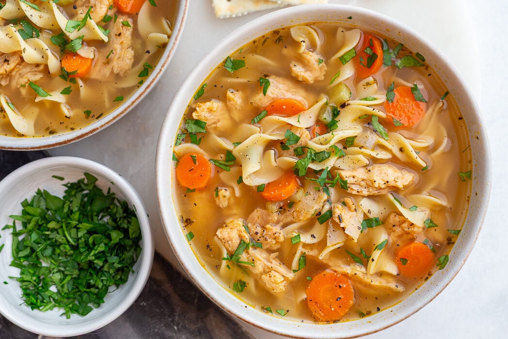 vegetarian chicken noodle soup made with soy curls